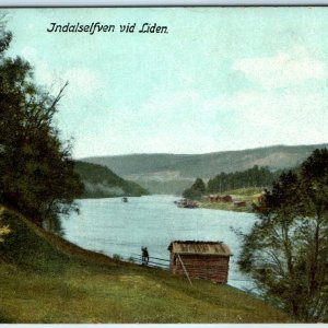 c1910 Liden, Sweden Indalselfven River Litho Photo Postcard Birds Eye Cabin A37