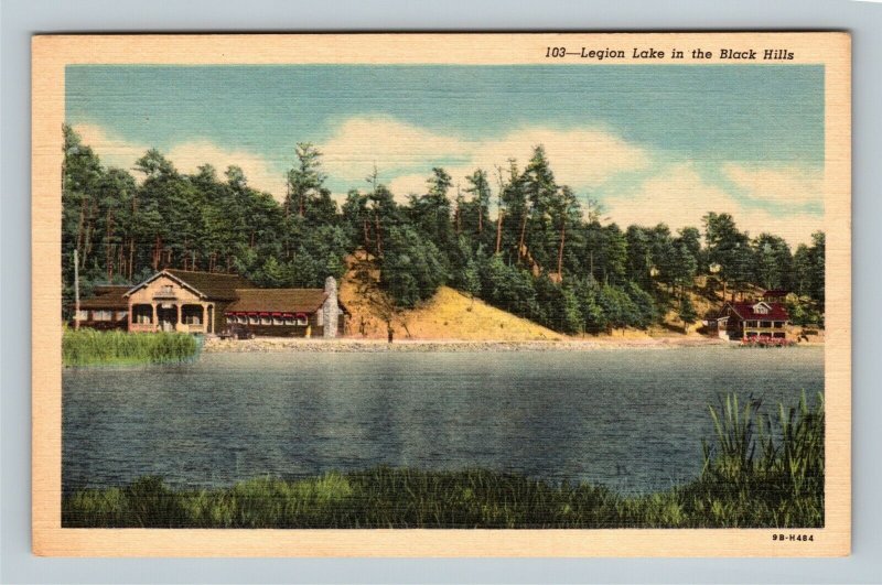Black Hills, Scenic View, Legion Lake, Homes, Linen South Dakota Postcard  