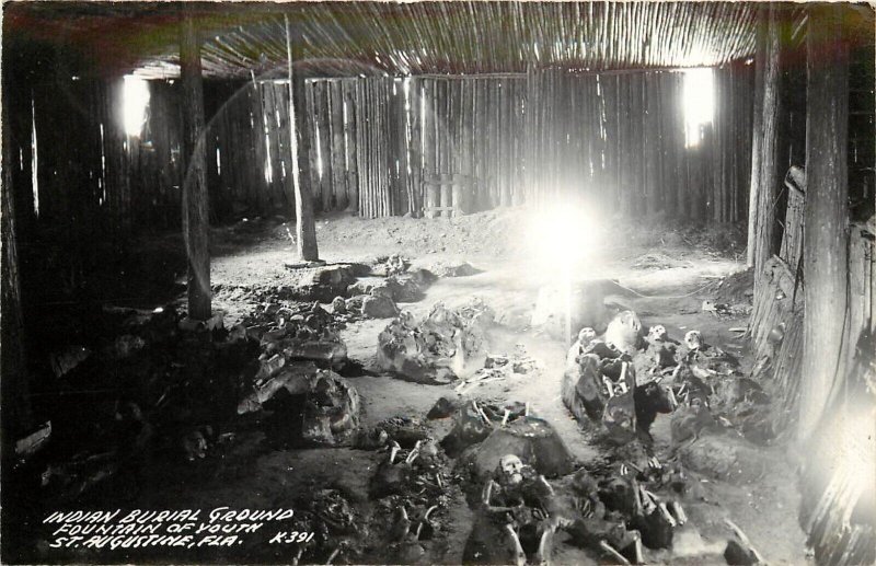 RPPC Indian Burial Ground Skeletons, Fountain of Youth, St. Augustine FL K-391