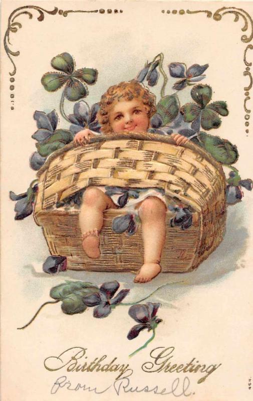 Birthday Greetings Baby in Basket with Clovers Antique Postcard J55141