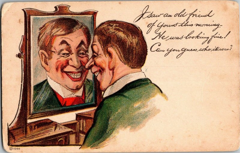 Man Admiring Himself in Mirror I Saw an Old Friend Comic Vintage Postcard A32