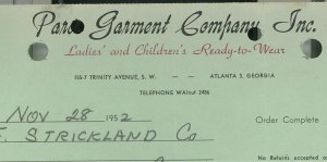 1952 Parco Garment Company Inc Trinity Ave Atlanta GA Clothes Blouse Invoice 410