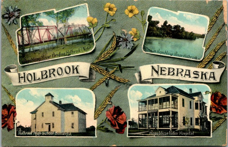 Vtg 1910s Multiview Republican River Bridge High School Holbrook NE Postcard