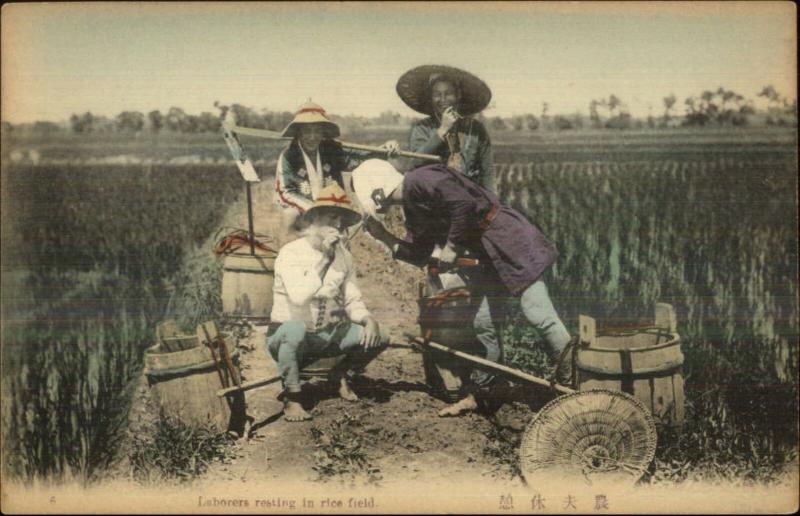 Japan Japanese Laborers Workers Rice Field Tools Wooden Buckets Postcard 