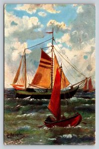 Vintage Nautical Postcard Red Sails Fishing Boats Sailing Sea Artist Signed