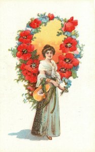 Vintage Italian Art Postcard 4048-4 Lovely Lady Surrounded by Red Poppies