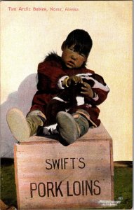 Two Arctic Babies on Swifts Pork Loins Box, Nome AK Vintage Postcard M79