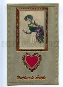 215959 Greetings SELLER of Flowers Vintage PHOTO w/ SILK Heart