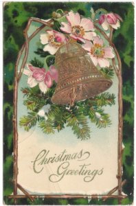 Christmas Greetings, Bell, Flowers, Bough, 1910 Gelatin Paul Finkenrath Postcard