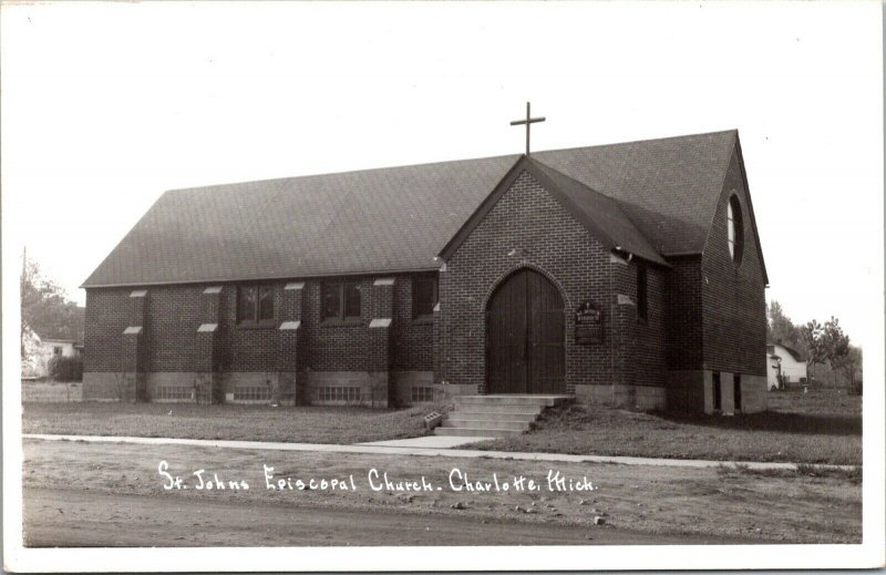 Real Photo Postcard St. Johns Episcopal Church in Charlotte, Michigan~133019