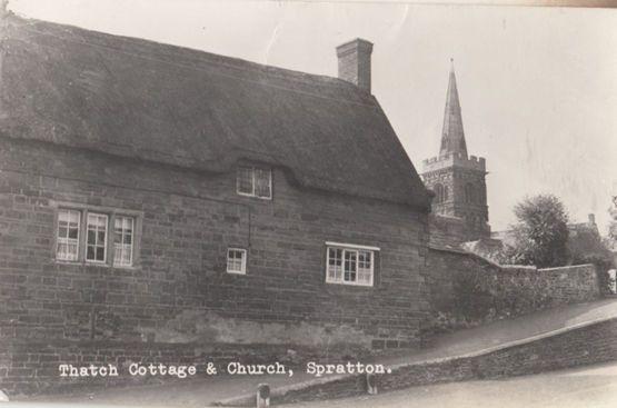 Thatch Cottage & Church Spratton Vintage Real Photo Postcard