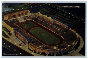 Chicago Illinois Postcard Soldiers Field Birds Eye View Night Scene 1940 Antique