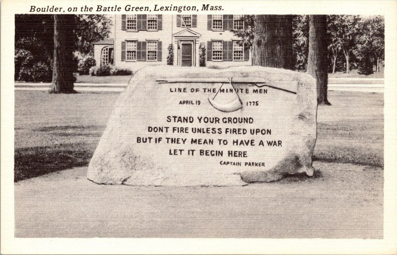 Boulder Battle Green Rock Monument Lexington MA Black White Postcard Unused UNP 