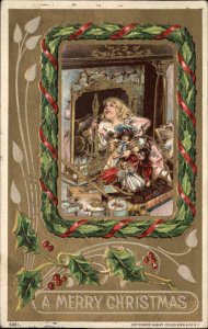 Christmas Children Girl Looks Up Fireplace Toys Gilt Embossed c1910s Postcard