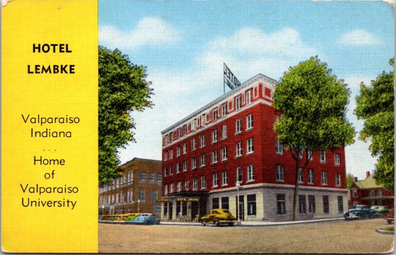 Linen Postcard Hotel Lembke on U.S. 30 in Valparaiso, Indiana