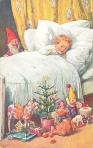 Unsigned Artist Christmas Greetings Elf With Toys Postcard 