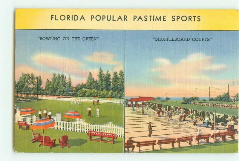 Florida Pastime Sports, Shuffleboard, Bowling on the Green 1942 Linen Postcard