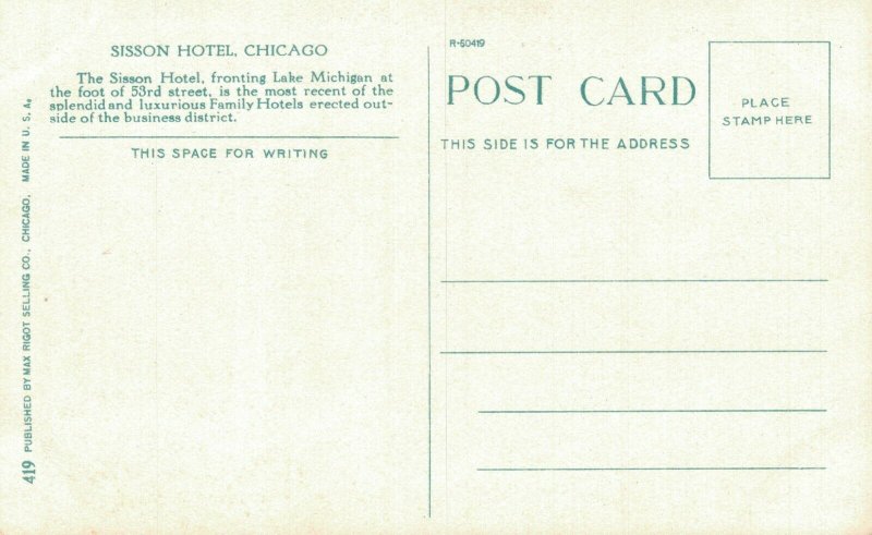 USA The Sisson Hotel Chicago Vintage Postcard 07.09 