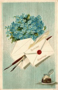Vintage Postcard 1908 Birthday Greetings Envelope Flowers Ink Pin Inkwell
