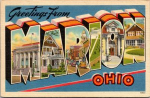 Vtg 1940's Greetings From Marion Ohio OH Large Letter Linen Postcard