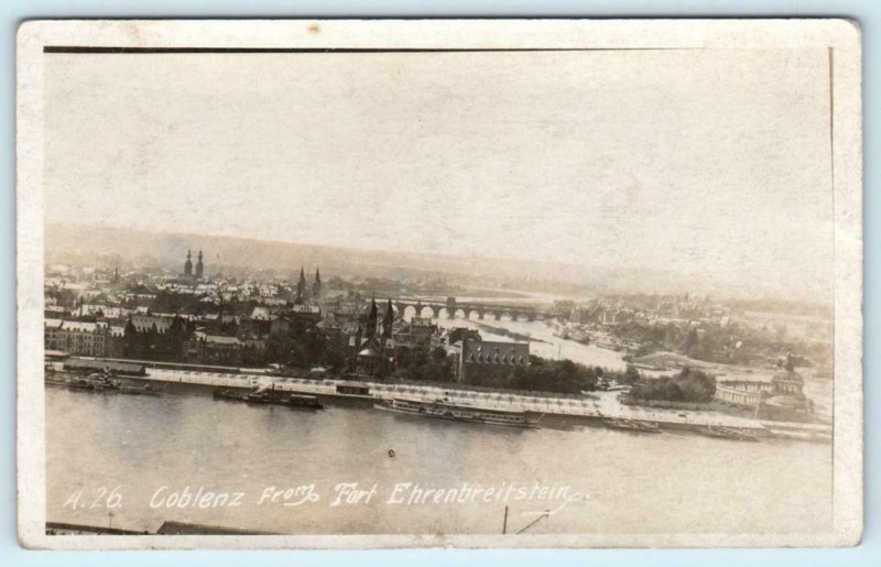 RPPC  COBLENZ, GERMANY ~ Birdseye from Fort Ehrenbreitstein c1910s-20s Postcard 