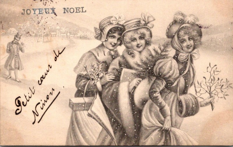 Christmas Joyeux Noel Beautiful Girls  Winter Scene Art de Vienne 1909