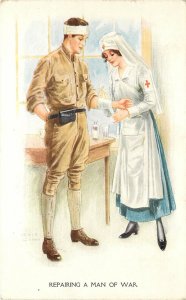 Signed Artist Arcie Gunn WWI Romance Postcard Nurse Tending Soldiers Wound 1366