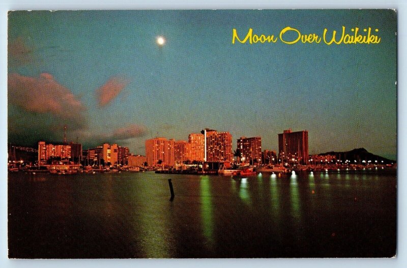 Waikiki Hawaii HI Postcard Moon Over Waikiki Hotels Beach Moon Rising Night 1971