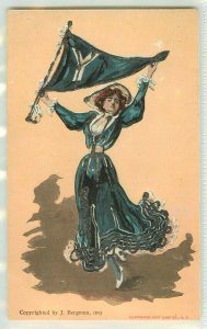 c1905 J. Bergman Postcard College Girl Cheerleader Y Pennant Yale, Glitter