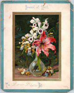 Vintage Reward Of Merit Victorian Card Flowers in Vase - Teacher