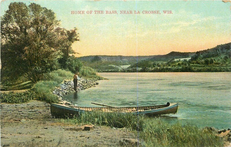 c1910 La Crosse Wisconsin Bass Fishing Canoe Lake McCord Drug Postcard