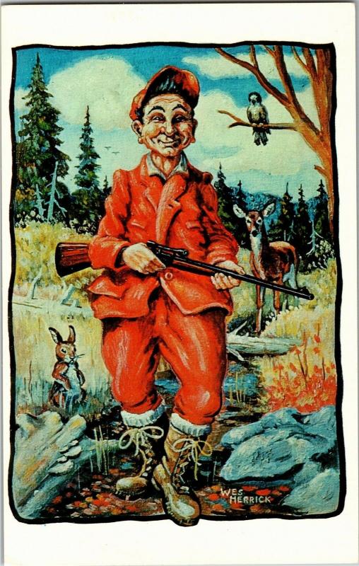 Wes Merrick, Hunter with Rifle Scope Rabbit Deer Owl Postcard M17