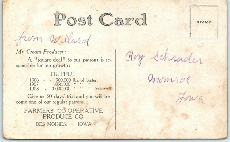 1908 Des Moines, IA Farmers Co-Operative Produce Dairy Advertising Postcard A42 