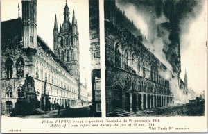 Military Halles of Ypres before & during Fire 22 Nov 1914 Vintage Postcard C146