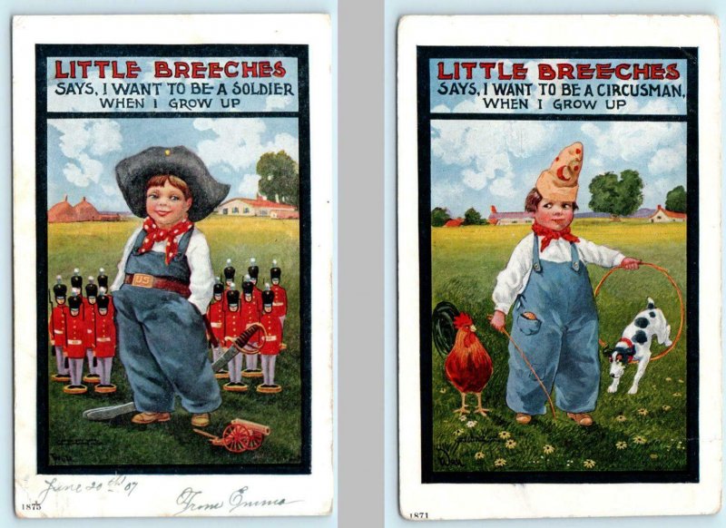 2 Postcards BERNHARDT WALL Artist Signed LITTLE BREECHES Circusman, Soldier 1907