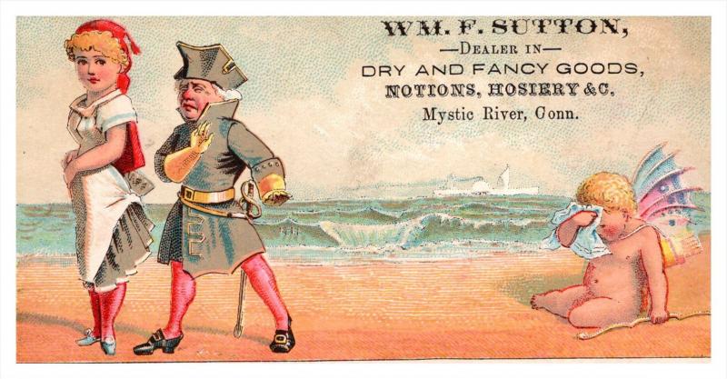 13495  Trade card  CT Mystic River,  Wm.F.Sutton Dry & Fancy Goods, Coupl...