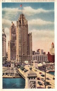 Vintage Postcard 1938 Tribune Tower And Michigan Avenue Bridge Chicago Illinois