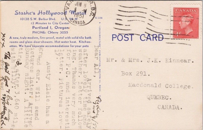Stashe's Hollywood Motel Portland OR Oregon USA 1950s Postcard H44