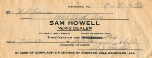 RICHMOND VIRGINIA~SAM HOWELL-NEWS DEALER-TIMES DISPATCH MONTHLY RECEIPT IN 1922