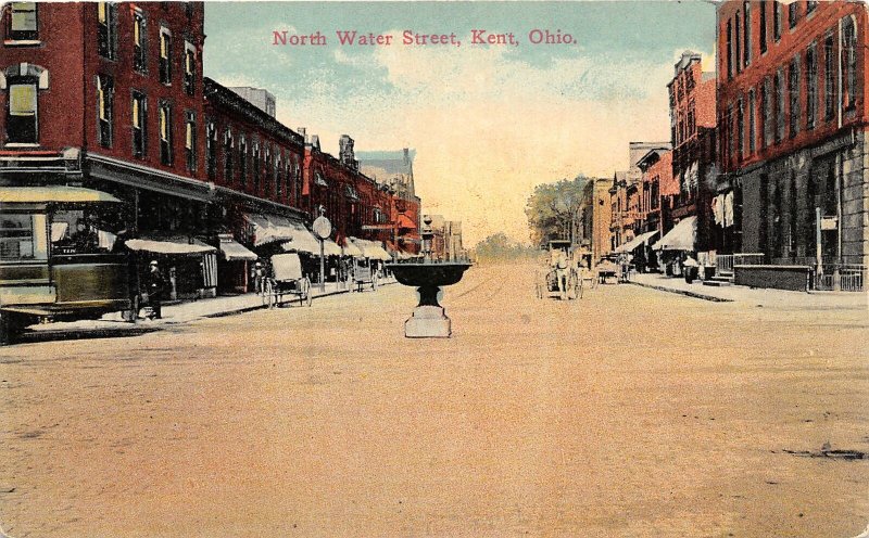 F53/ Kent Ohio Postcard c1910 North Water Street Stores Trolley