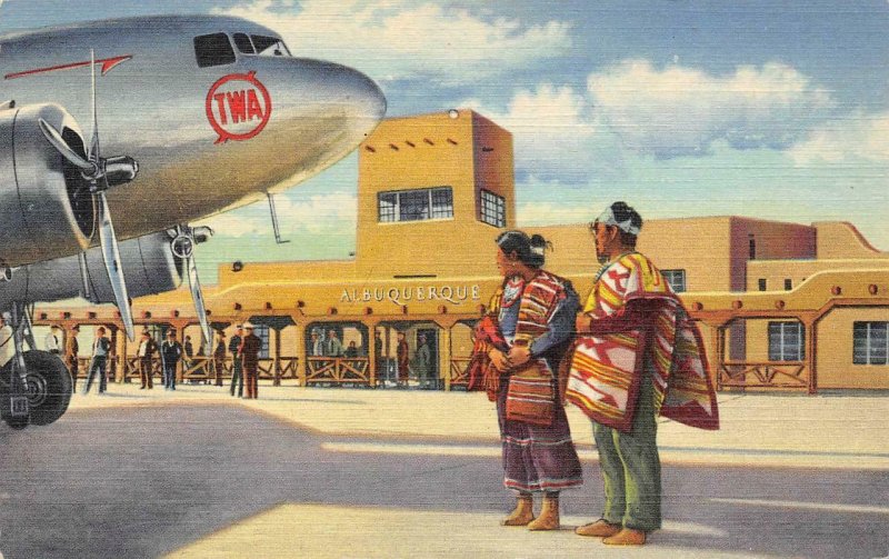 Municipal Airport, Albuquerque, NM Navajo Indians TWA Airplane Vintage Postcard