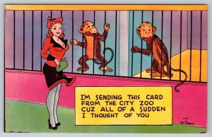 Pretty Redhead, Monkeys, Zoo, I Thought Of You, Comic Art Postcard Signed H Dean