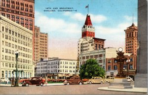 Vtg 1940s 14th Street and Broadway Oakland California CA Linen Postcard