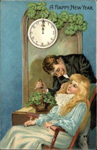 New Year Man Brings Flowers to Beautiful Woman Romance c1910 Postcard
