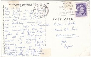 Pavilion, Assiniboine Park, Winnipeg, Manitoba, 1960 Postcard, Slogan Cancel