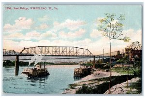 Wheeling West Virginia WV Postcard View Of Steel Bridge Boat c1910's Antique
