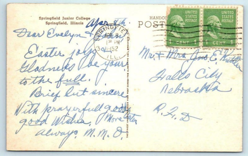 SPRINGFIELD, Illinois IL ~ Handcolored SPRINGFIELD JUNIOR COLLEGE 1952 Postcard