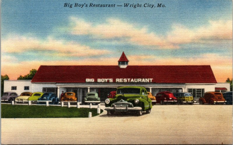 Vtg 1940's Big Boy's Restaurant Old Cars Wright City Missouri MO Linen Postcard