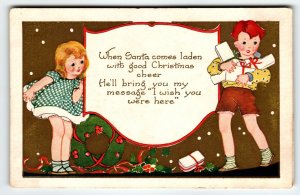 Christmas Postcard Boy Girl Children With Gifts Whitney Vintage Embossed