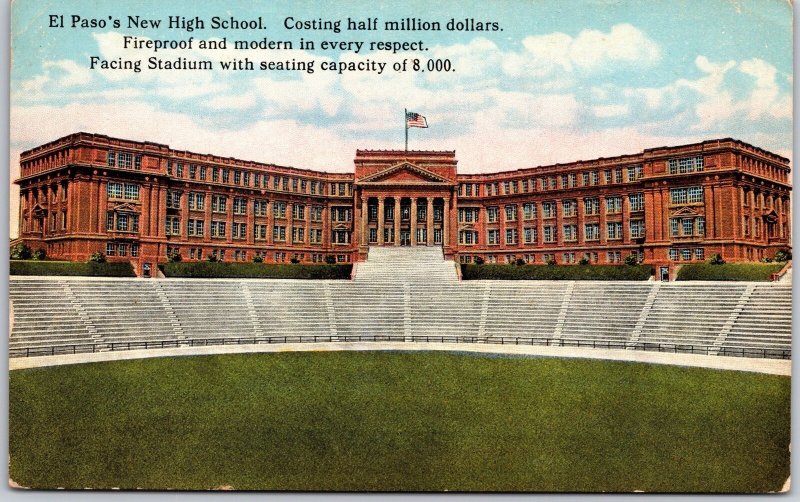 Texas TX, El Paso's New High School Building, Facing Stadium, Vintage Postcard